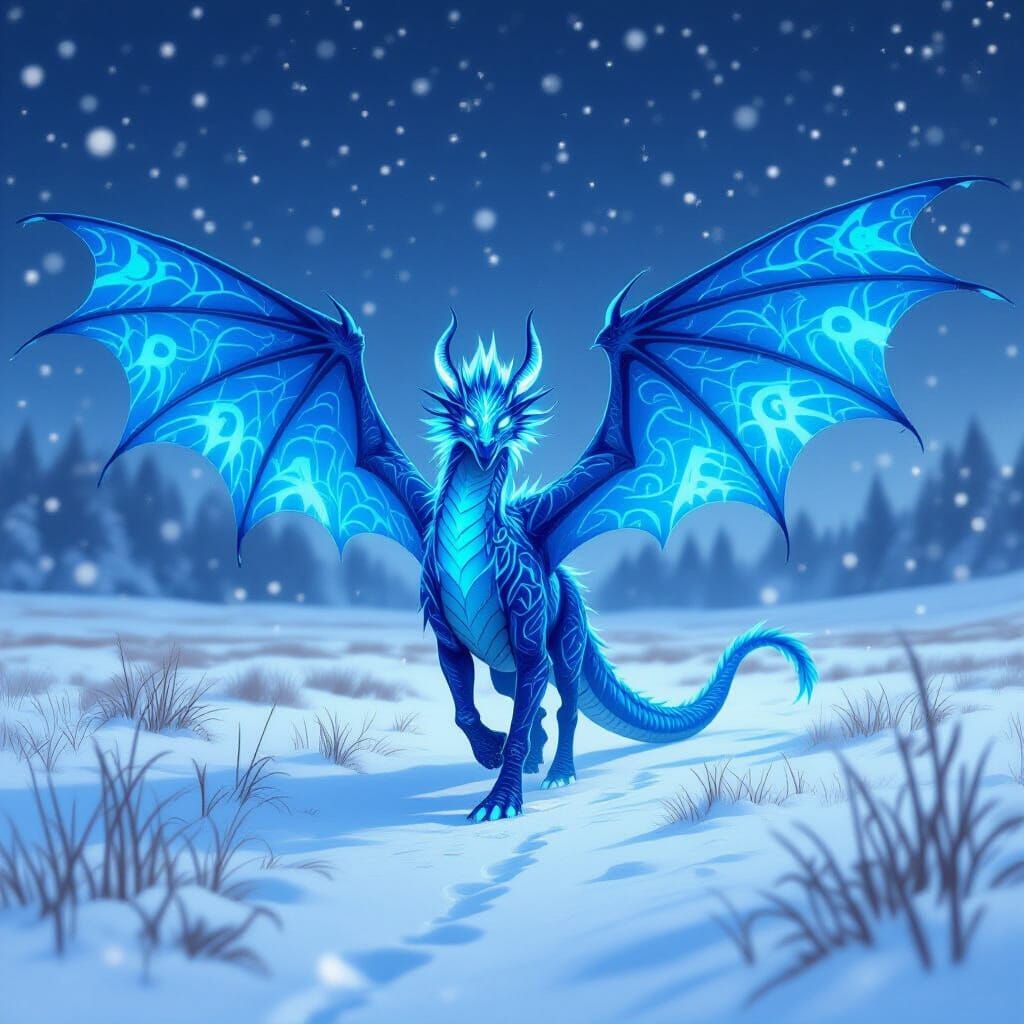 Bioluminescent Dragon in Snowy Field, Digital Painting