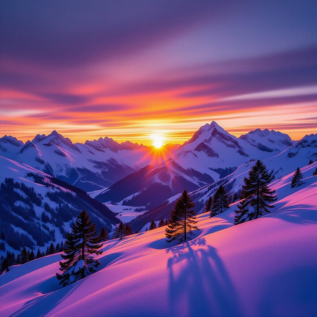 Realistic Sunset Over Snowy Swiss Alps with Shadowed Trees