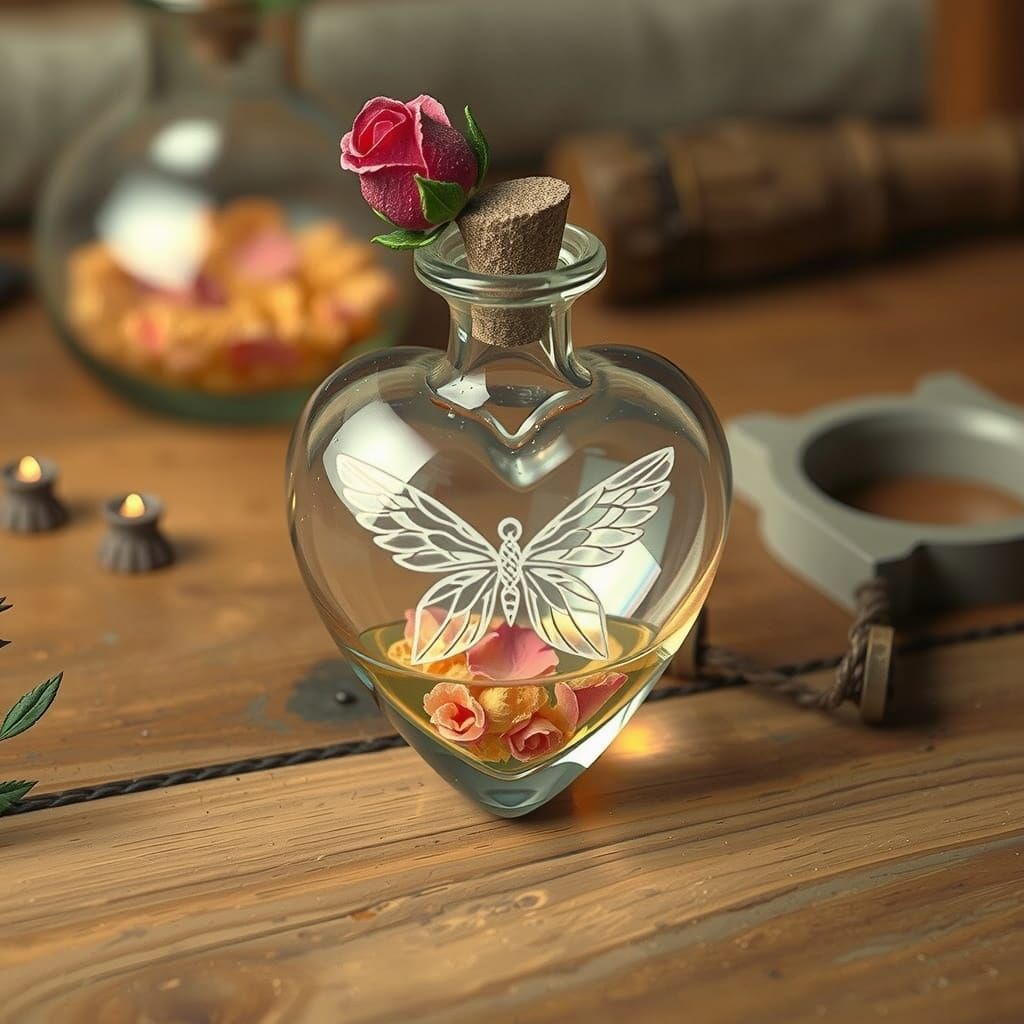 Heart-Shaped Crystal Potion Vial on Wooden Bench