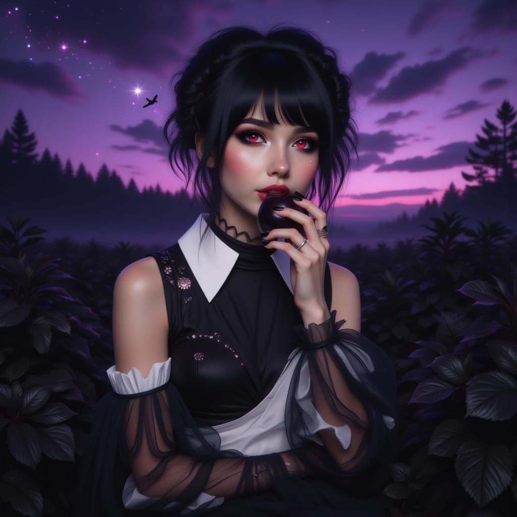 Victorian Woman Eats Black Apple Under Purple Sky
