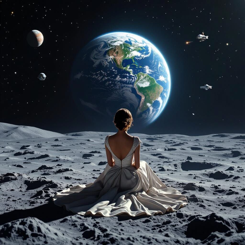 Woman on the Moon Gazing at Earth