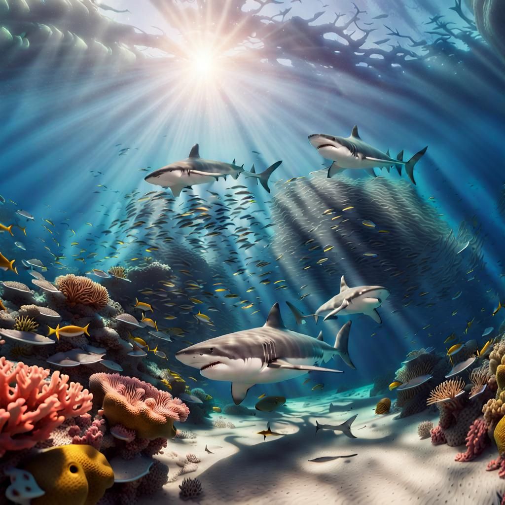Great White Sharks in a Vibrant Coral Reef