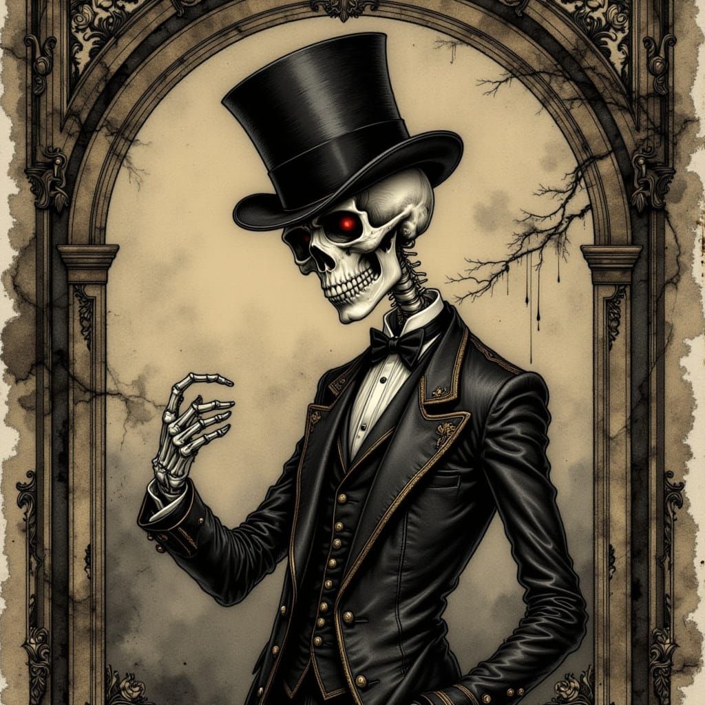 Skeleton in Top Hat: Victorian Charcoal Postcard