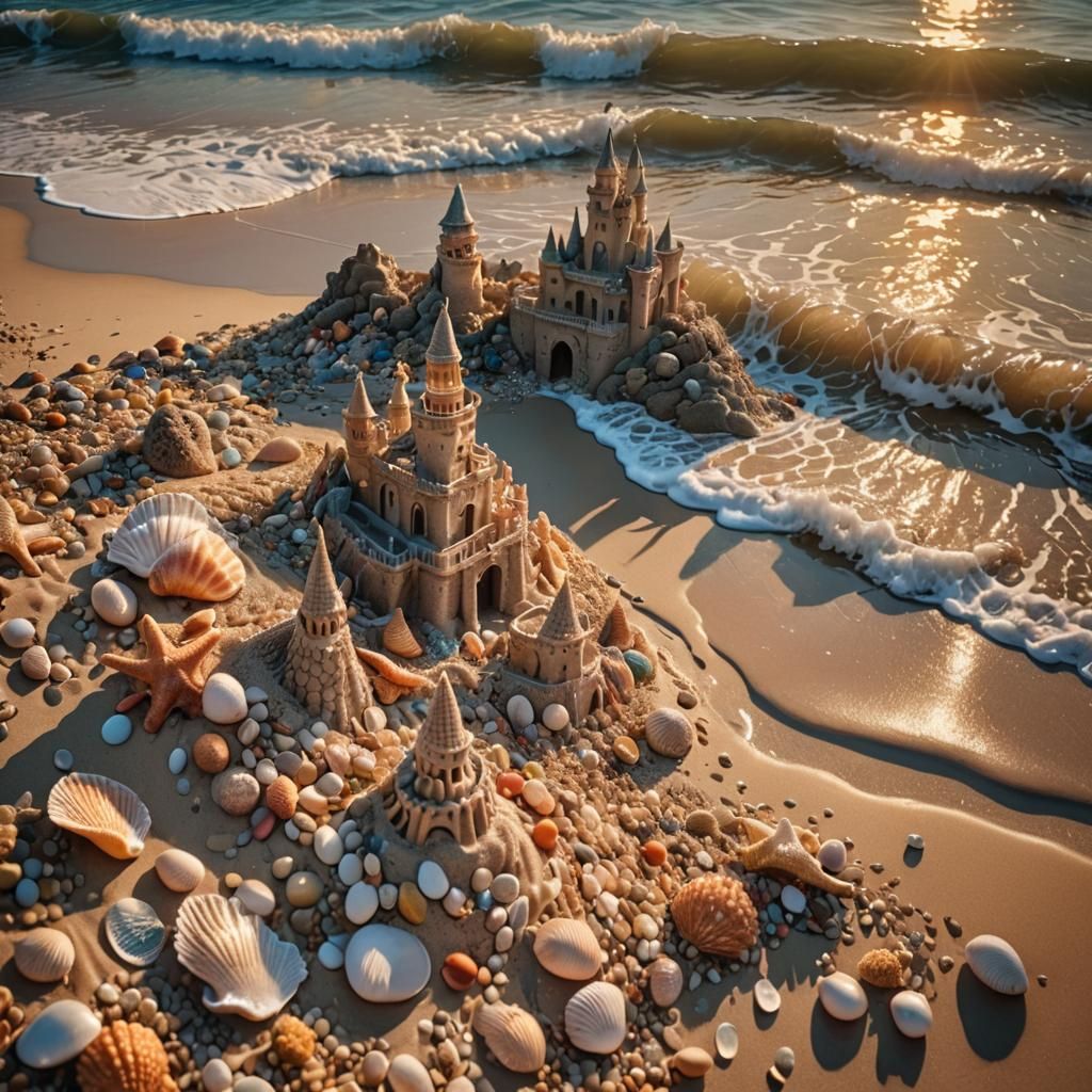 Mermaids Crafting Sandcastle at Sunset: Hyper-Realistic Scen...