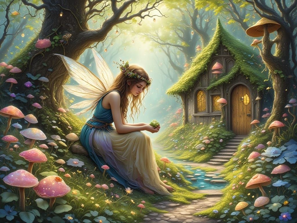 Enchanted Forest Fairy Tends Glowing Mushrooms