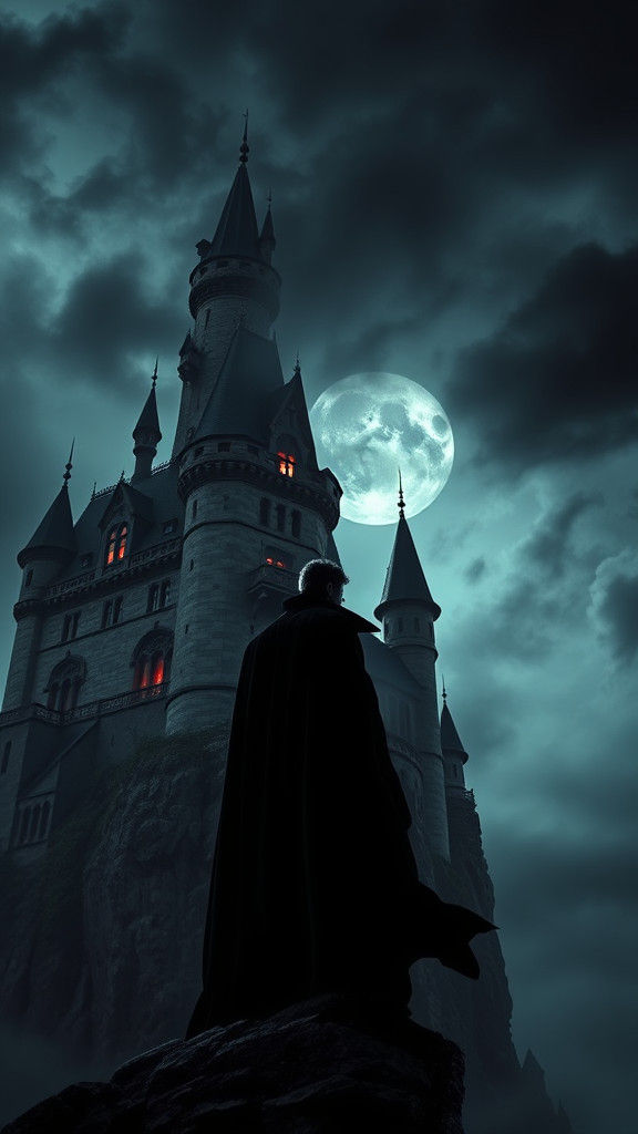 Victorian Castle Under Moonlit Sky in Dark Surrealist Style