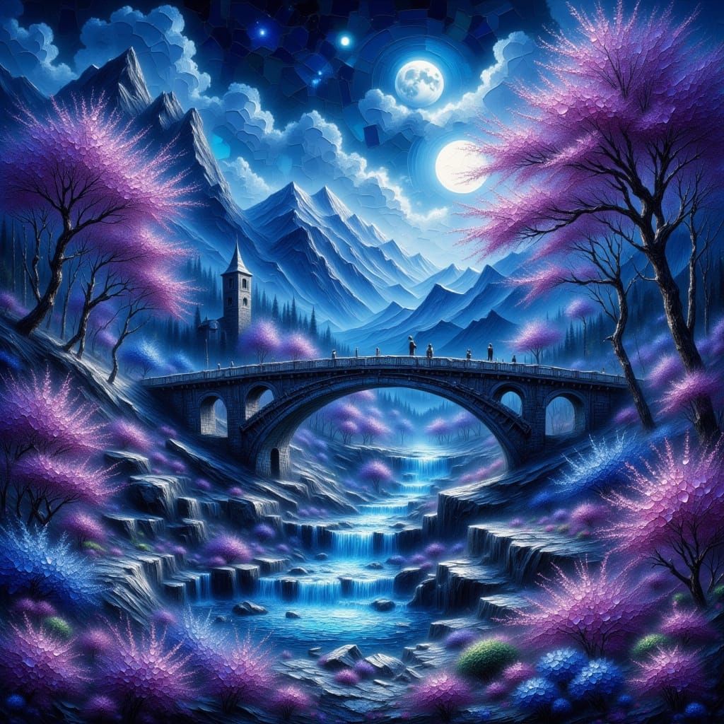 Lunar River Bridge in Detailed Matte Painting Style