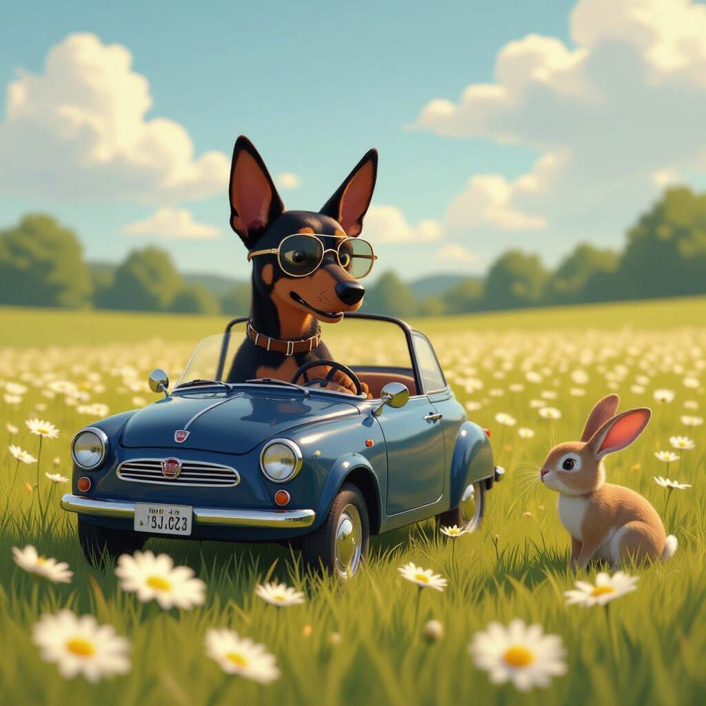 Doberman Drives Fiat Through Daisy Field in Studio Ghibli St...