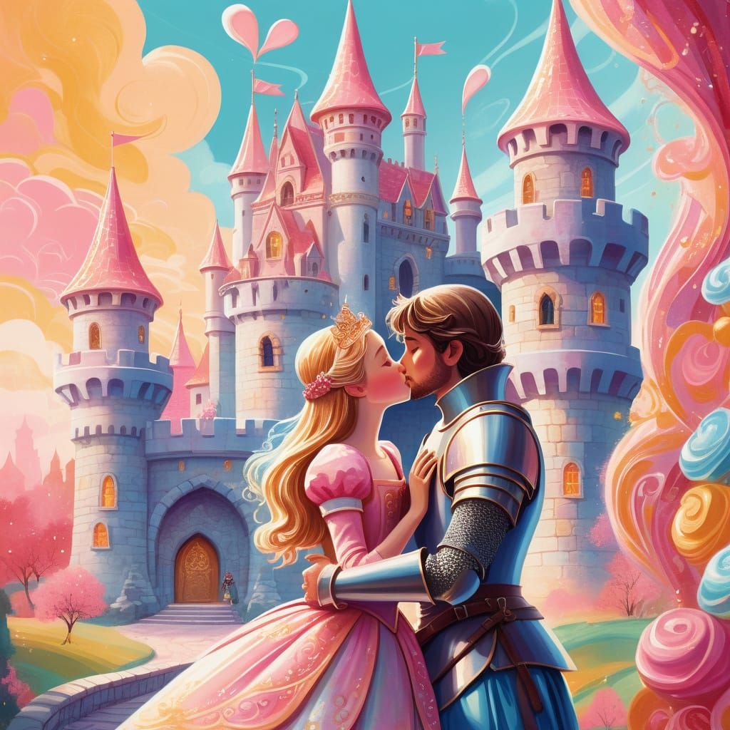 Knight and Princess Kiss in Whimsical Gouache Style