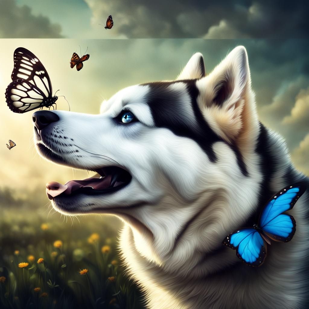 A cute husky with a butterfly on his nose