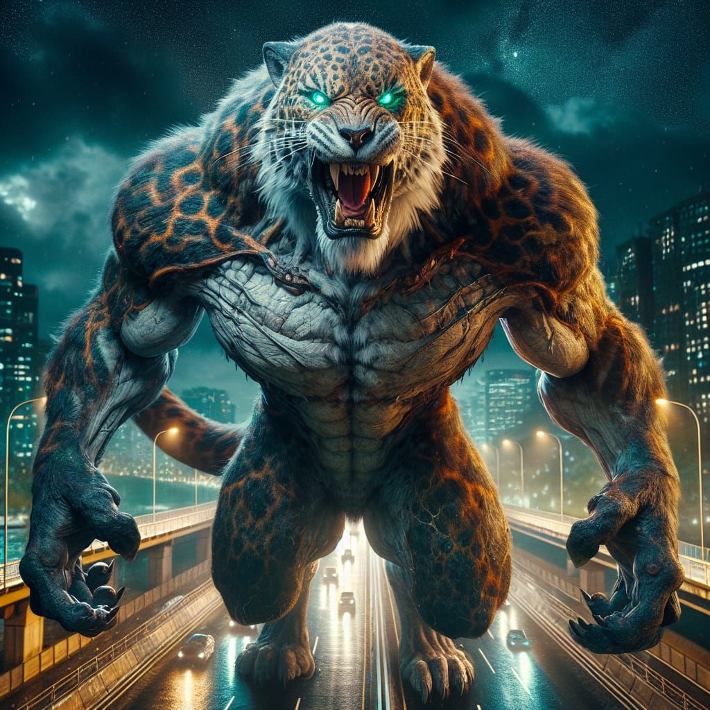 Colossal Werejaguar on Expressway as Fantasy Concept Art