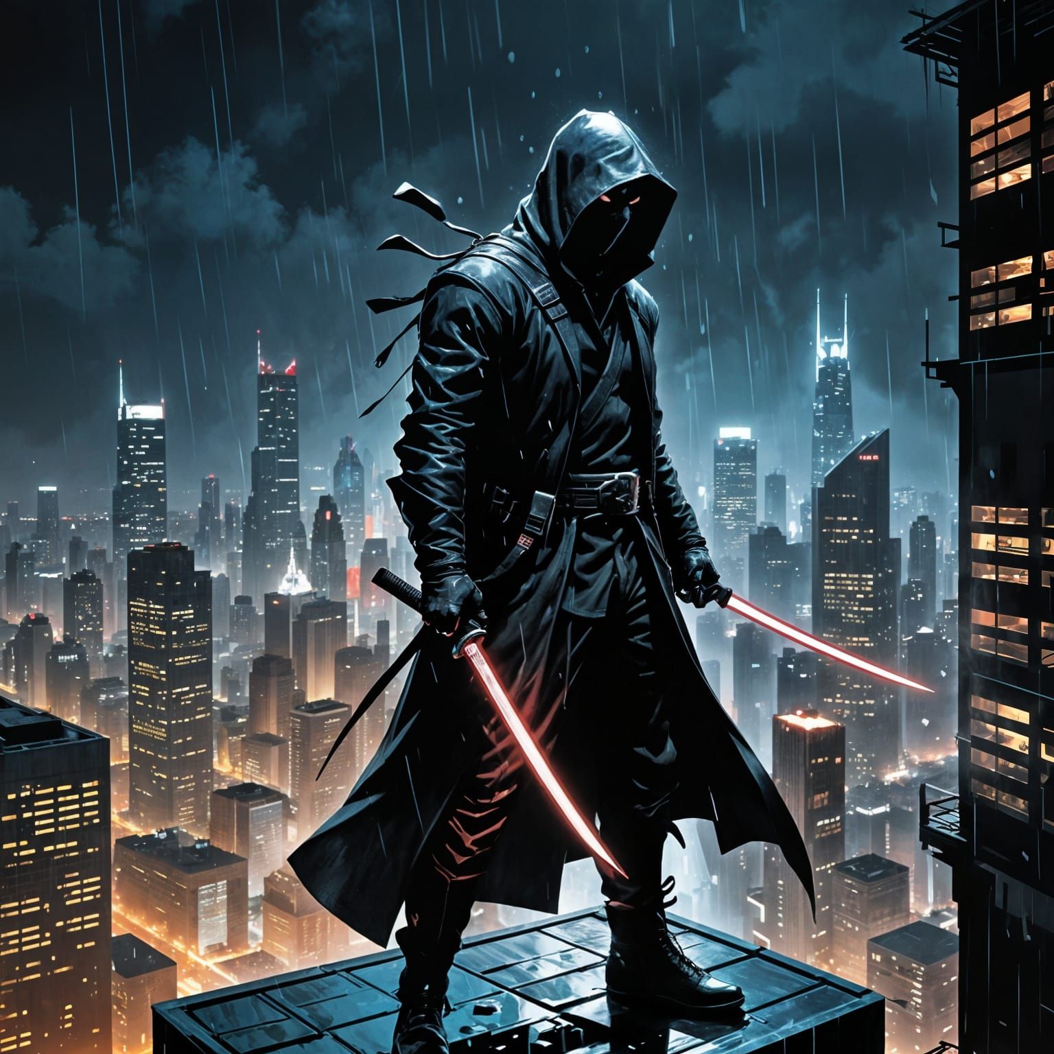 Ninja on Rainy Skyscraper in Noir Style