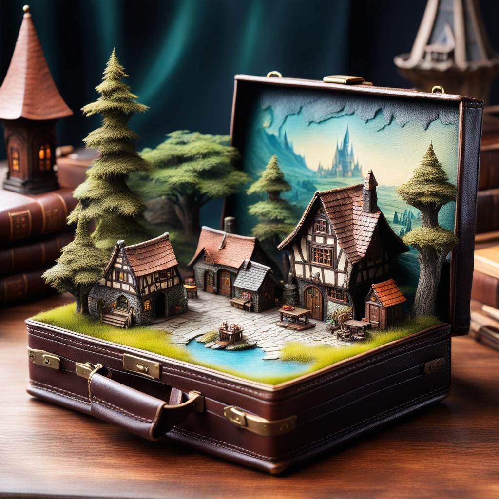 Miniature Fantasy Village Inside Vintage Leather Case
