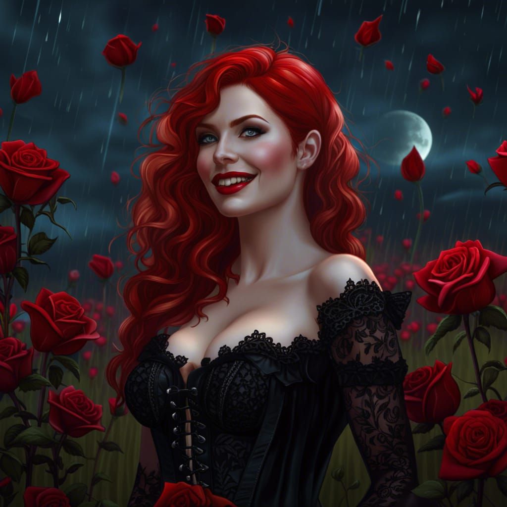 Redhead Vampire in Rose Field During Rain, Hyperrealistic