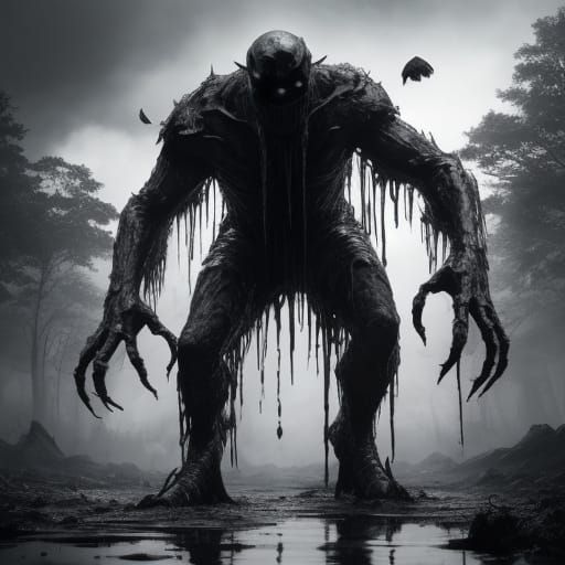Terrifying Ink Humanoid in Dark Forest - Award-Winning Photo...