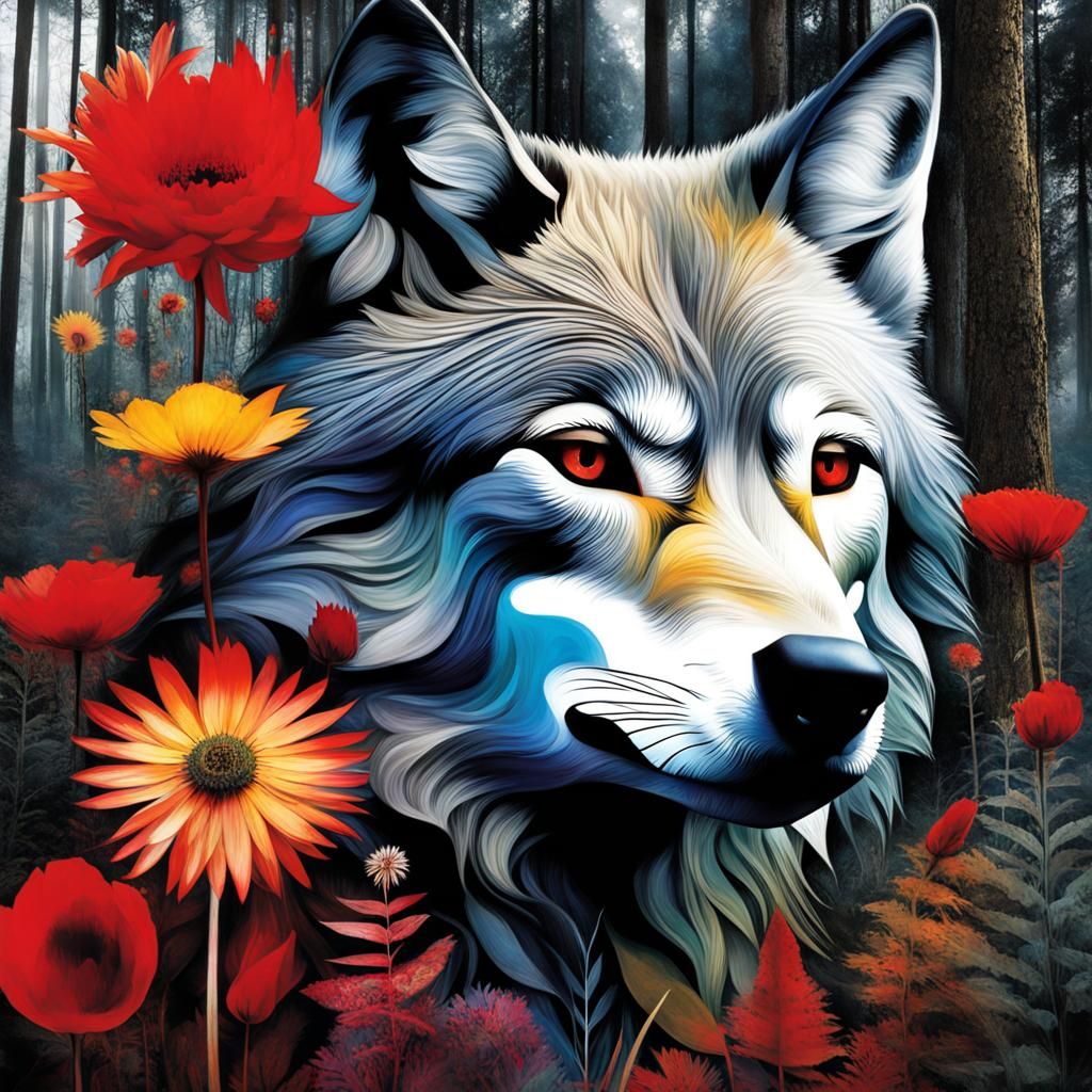 Double Exposure, Wolf ,forest, Red Ridinghood, Salvador Dali collaboration Paul Klee and Tim Burton, Picasso's integrate...