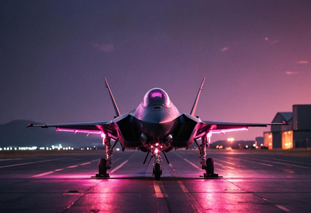 F35 Fighter Jet at Midnight in Neon Lighting