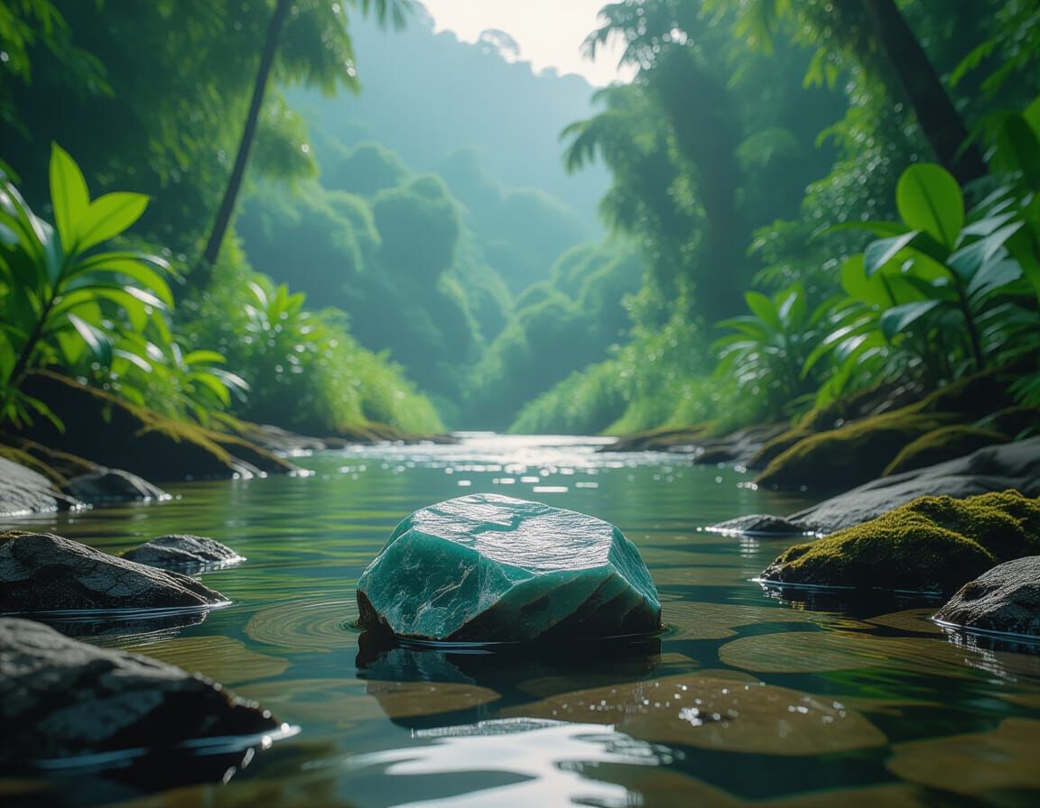 Amazonite Fragment on Rainforest Riverbed - Cinematic Film S...