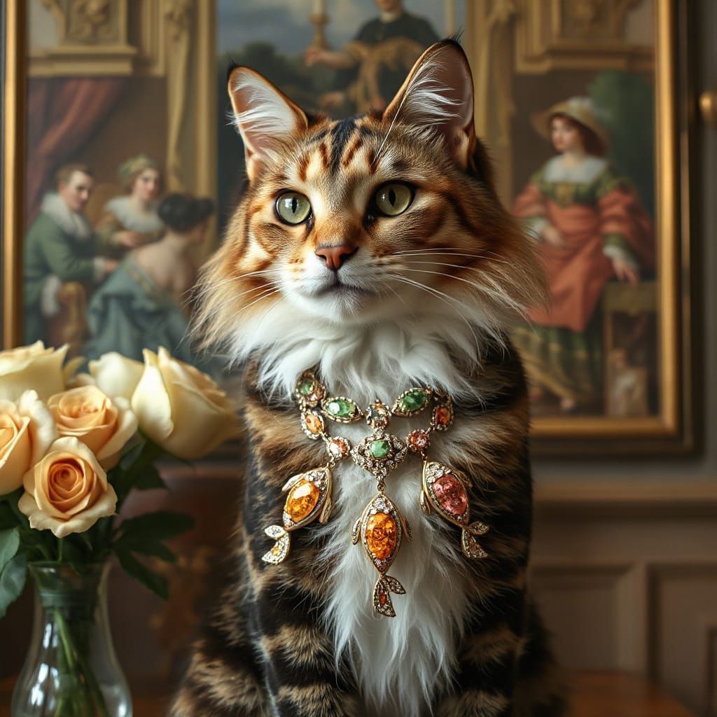 Elegant Tortie Cat in Gemstone Necklace, Royal Interior