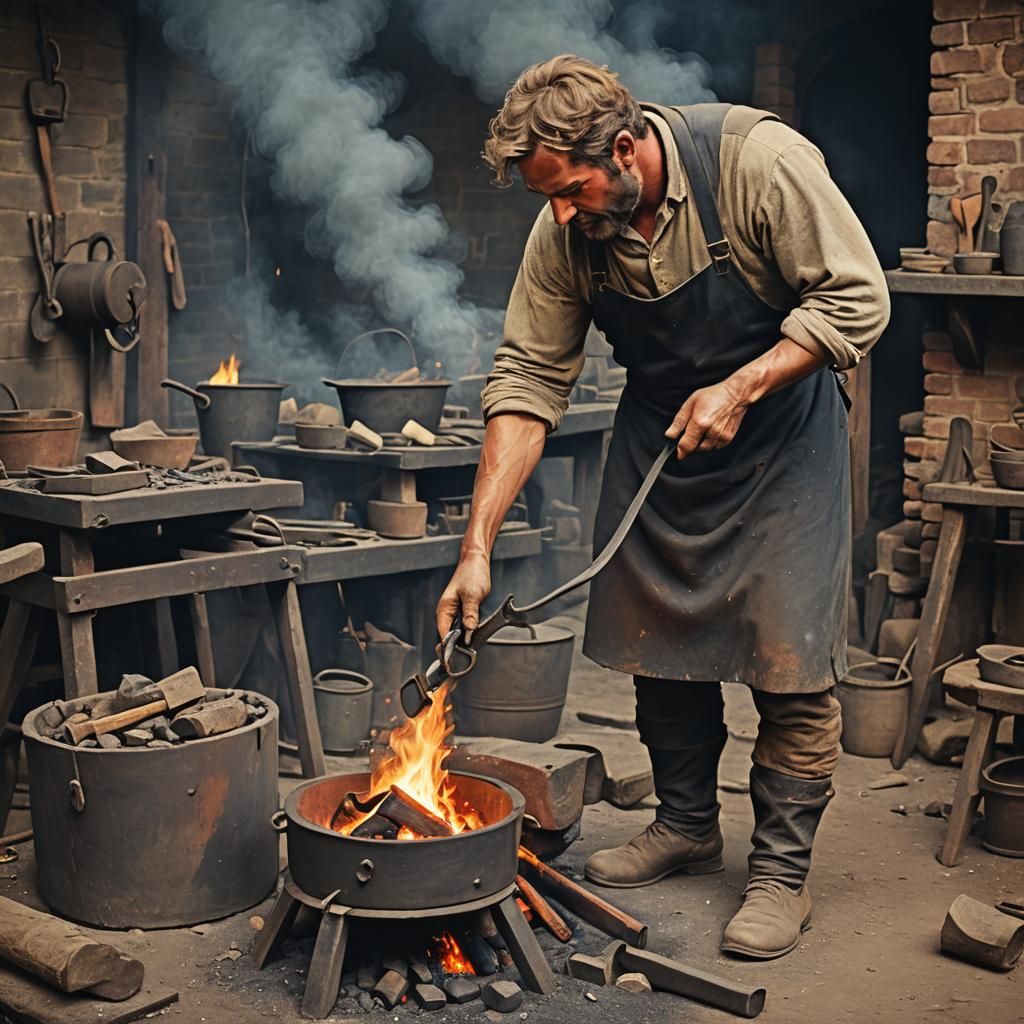 Vintage Blacksmith Forging Iron in Dusty Workshop