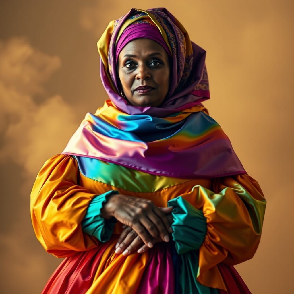 A stately, 60-year-old, curvy matriarch, wrapped in a resple...