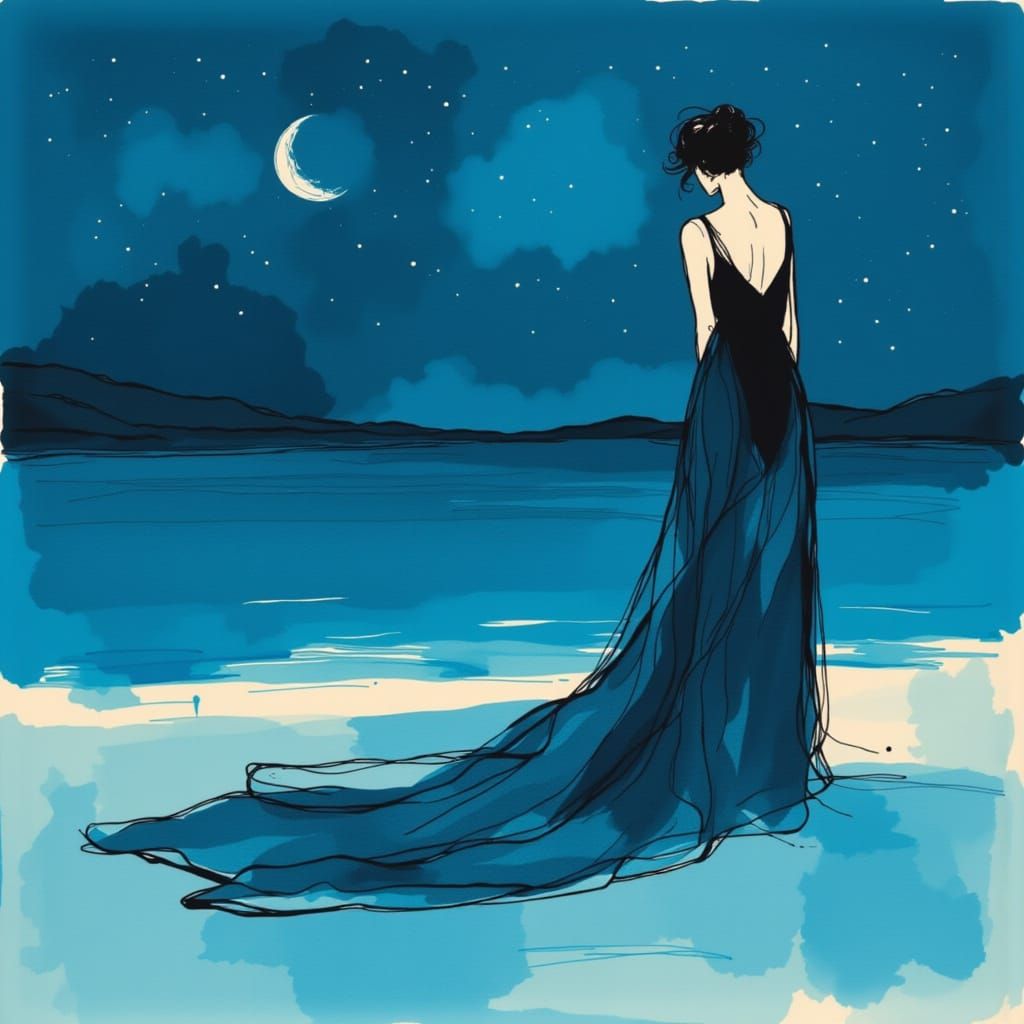 Woman in Evening Dress Relaxing on Beach at Night