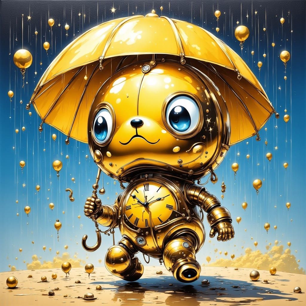 Robot in Rainstorm Charcoal Drawing with Yellow Sun