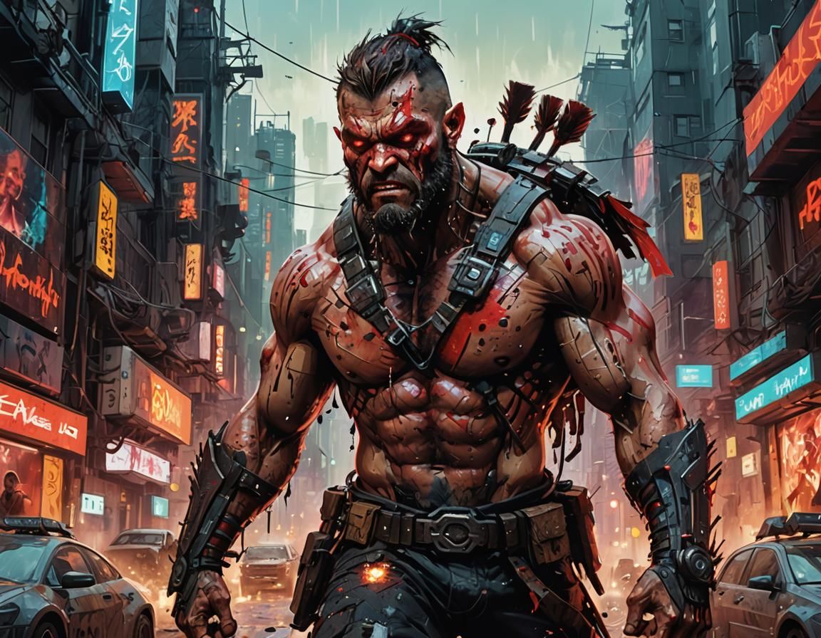 Barbarian Berserker in Futuristic City, Hyperdetailed Painti...
