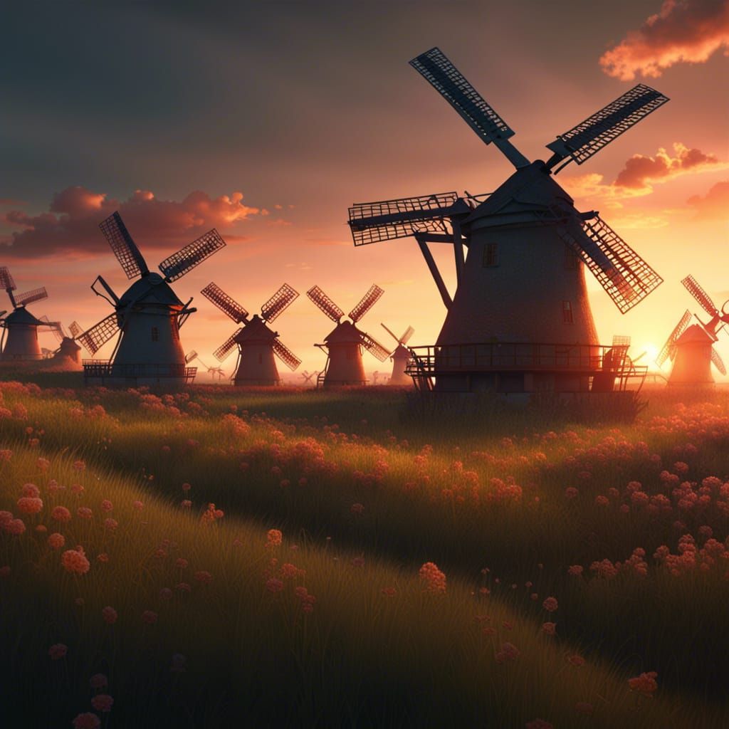 Windmills at Sunset: Detailed Matte Painting