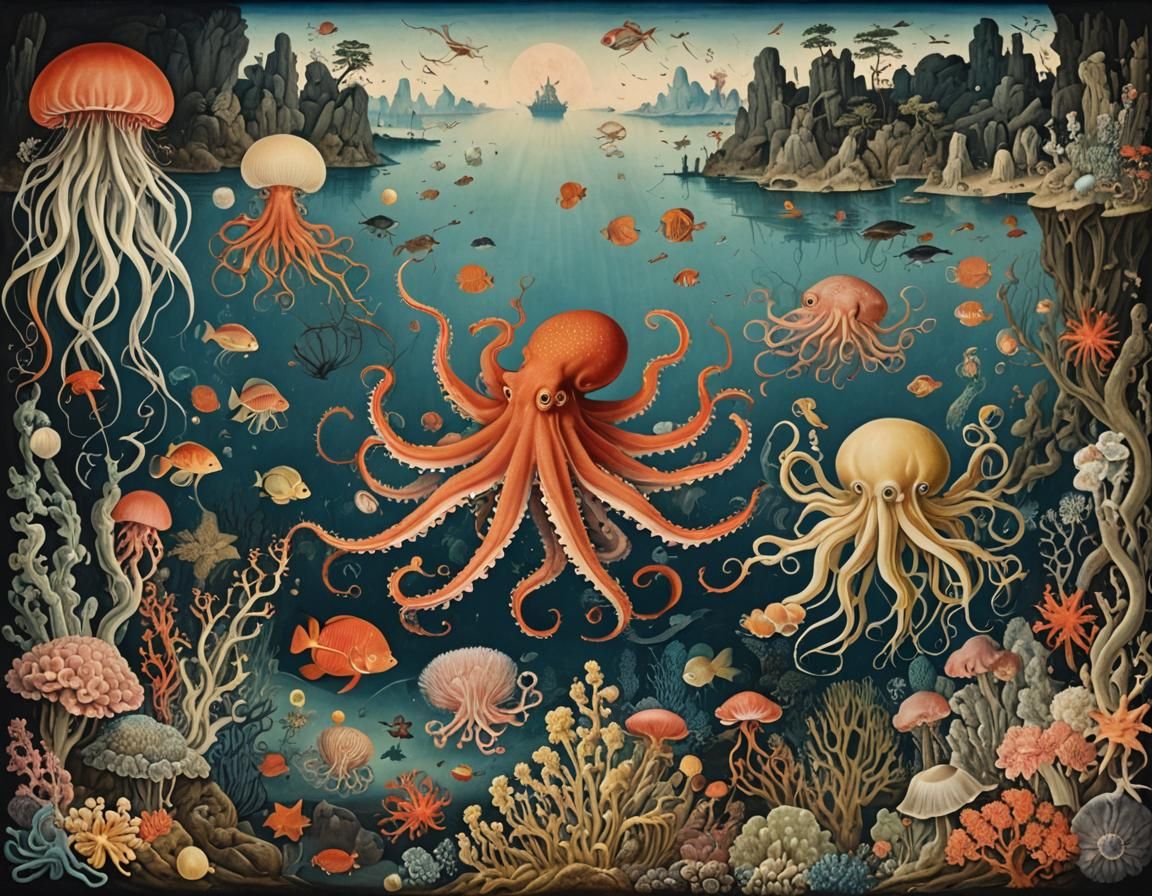 Ukiyo-e Underwater Paradise with Tropical Fish