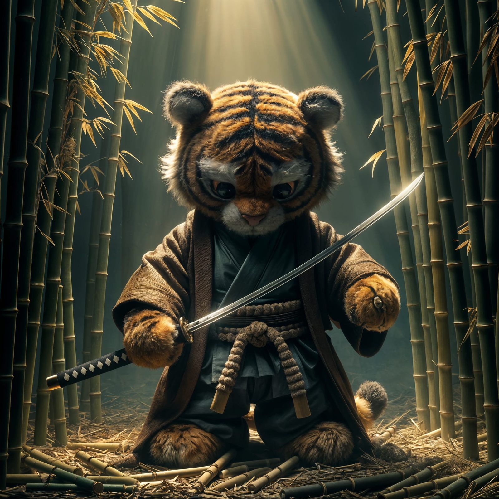 Samurai Tiger Toy Ready to Draw Katana as Impasto Painting