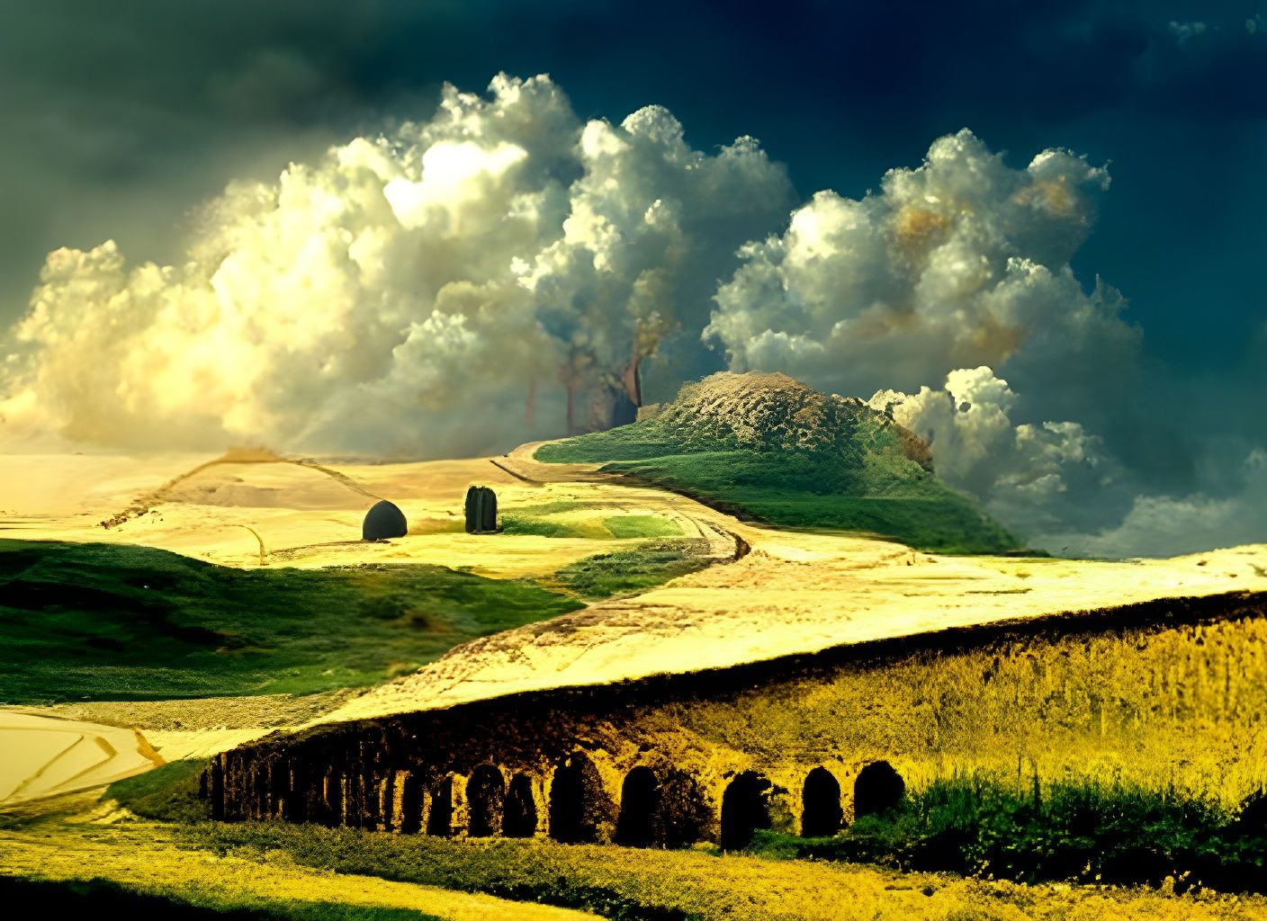 Roman Road Through Ancient Village Landscape