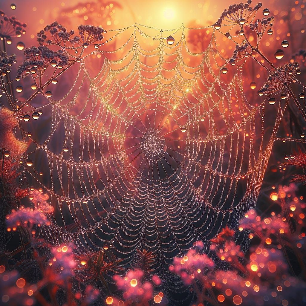 Delicate Dew Drops Dance on Morning Spiderweb