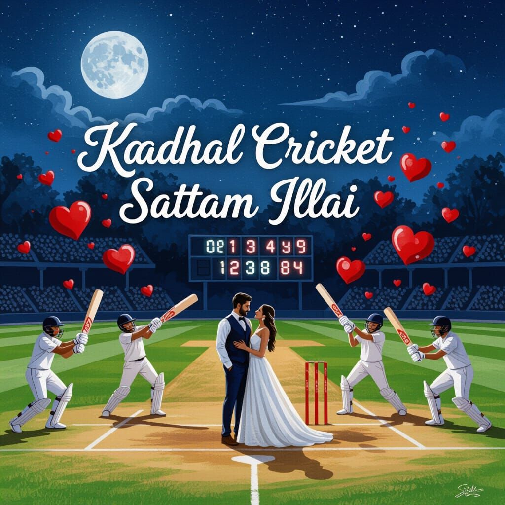 Surreal Moonlight Cricket Game with Love Symbols