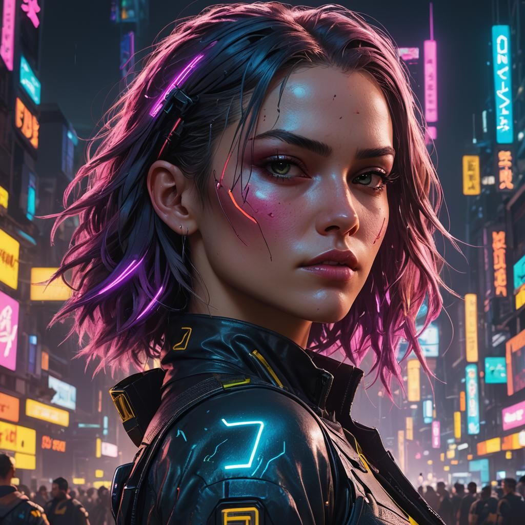 Cyberpunk Girl Portrait in Neon City Night