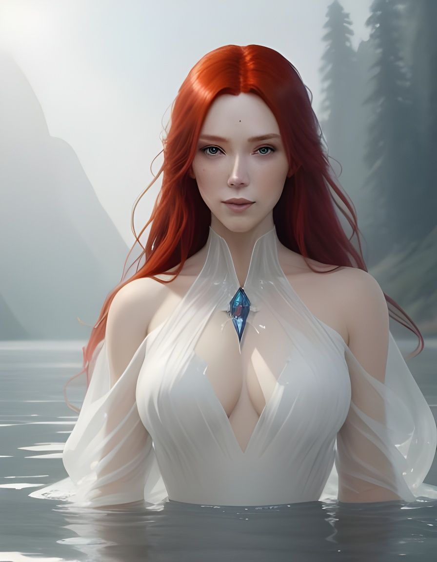 Red-Haired Woman in Lake: Watercolor Portrait