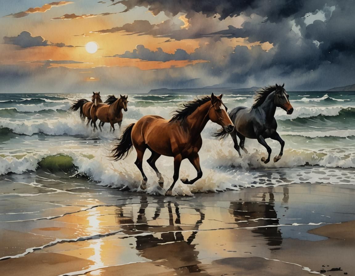 Irish Beach Sunset: Horses Running in Turner Style