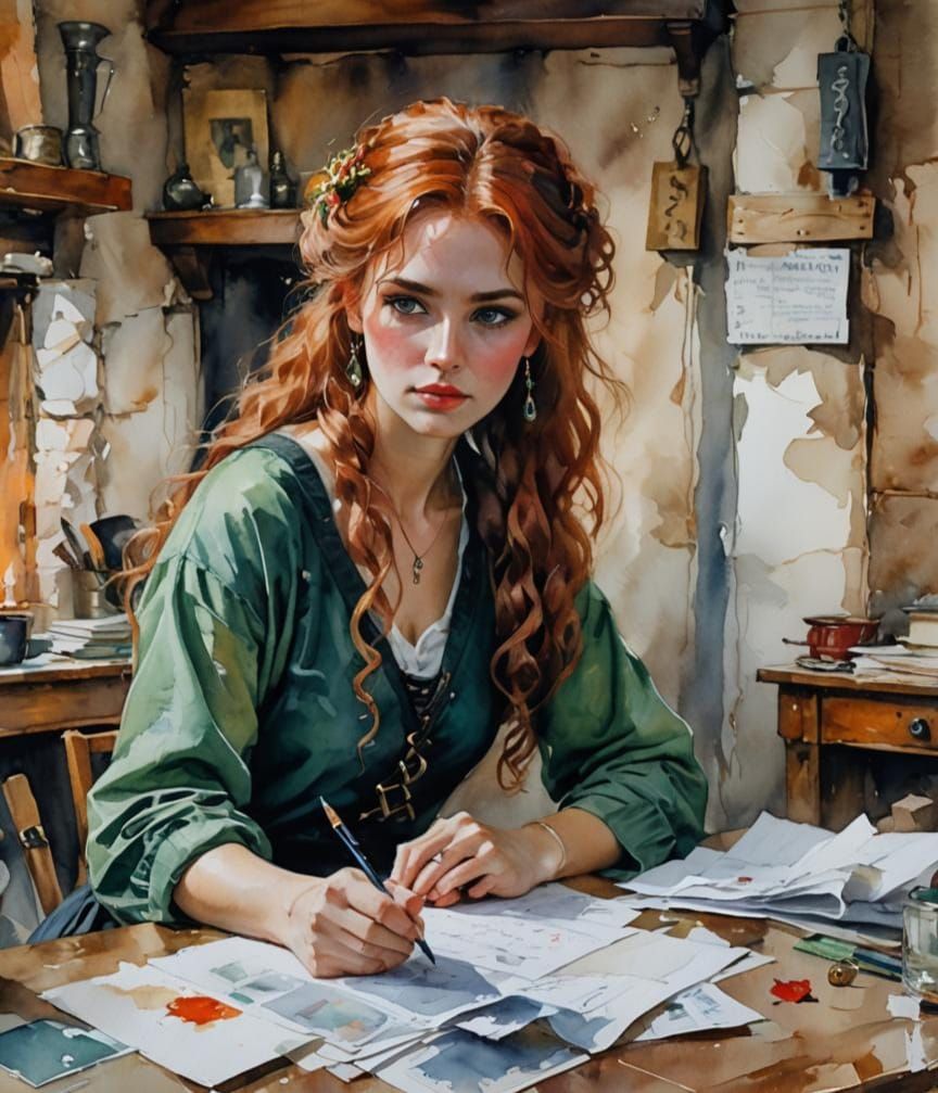 Norse Girl Writing Thank You Note in Watercolor