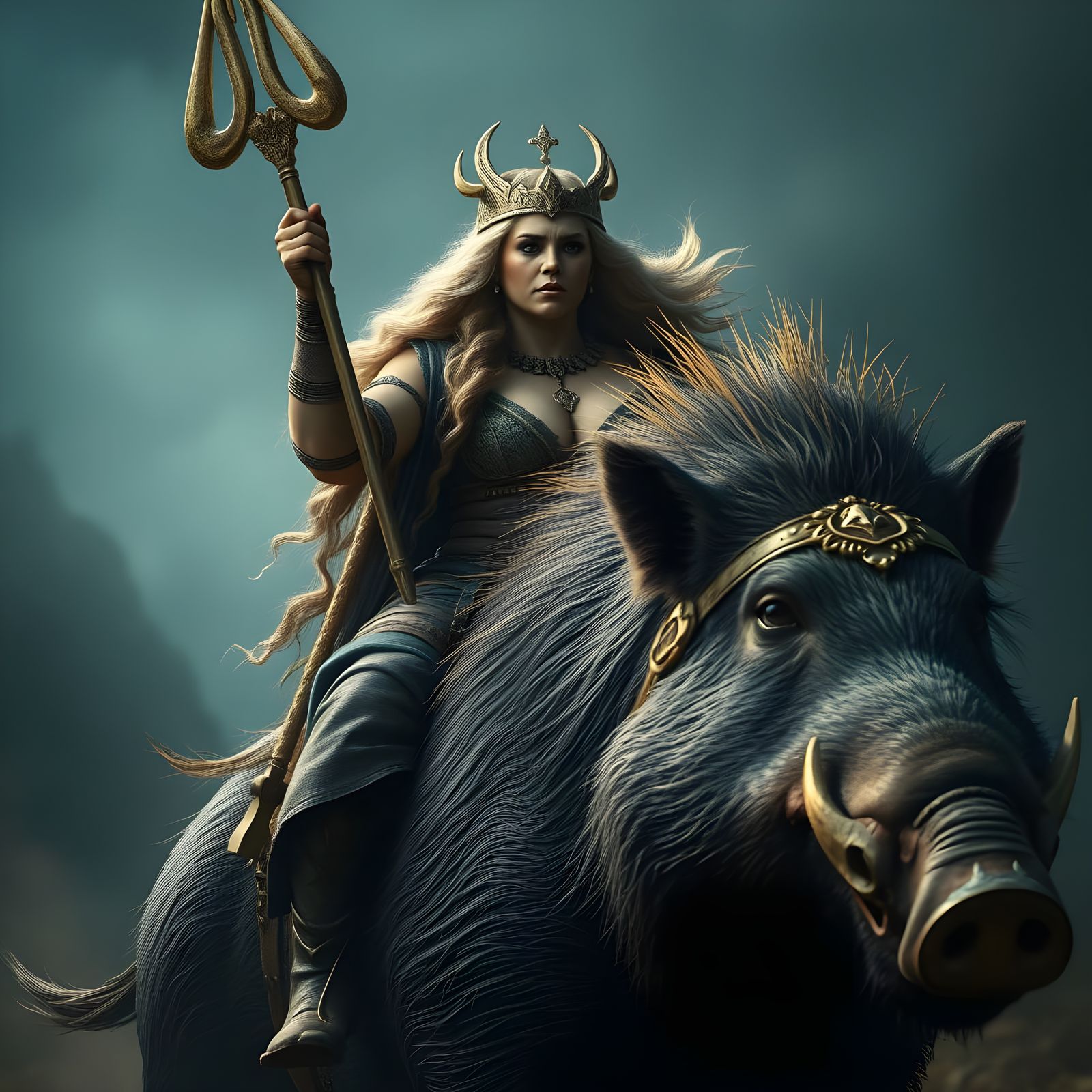 Norse Goddess Freyja Rides Battle-Boar Hildisvini in Cyberpu...