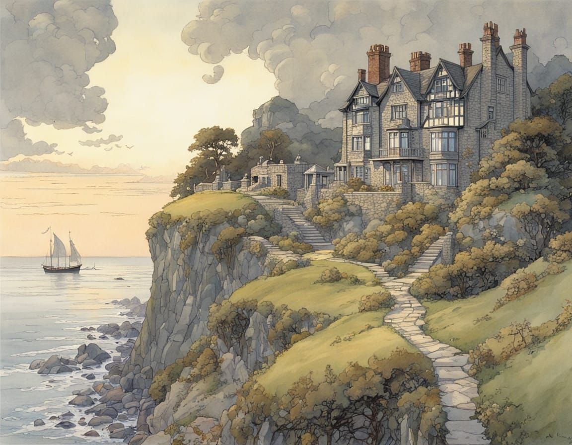 Regal Tudor-Georgian Cliffside Mansion in Misty Cornish Coas...