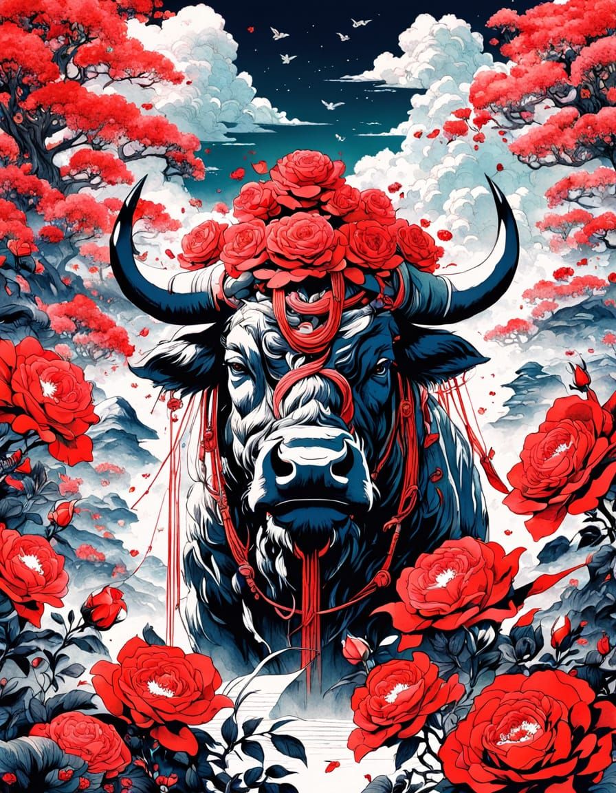 Surreal Red Buffalo in Asian Landscape with Flowers and Flyi...