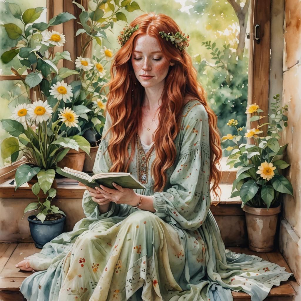 Bohemian Woman Reading: Romantic Watercolor Portrait