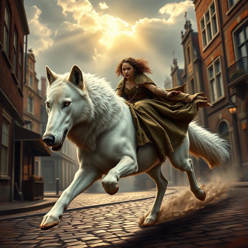 a young woman riding a giant wolf