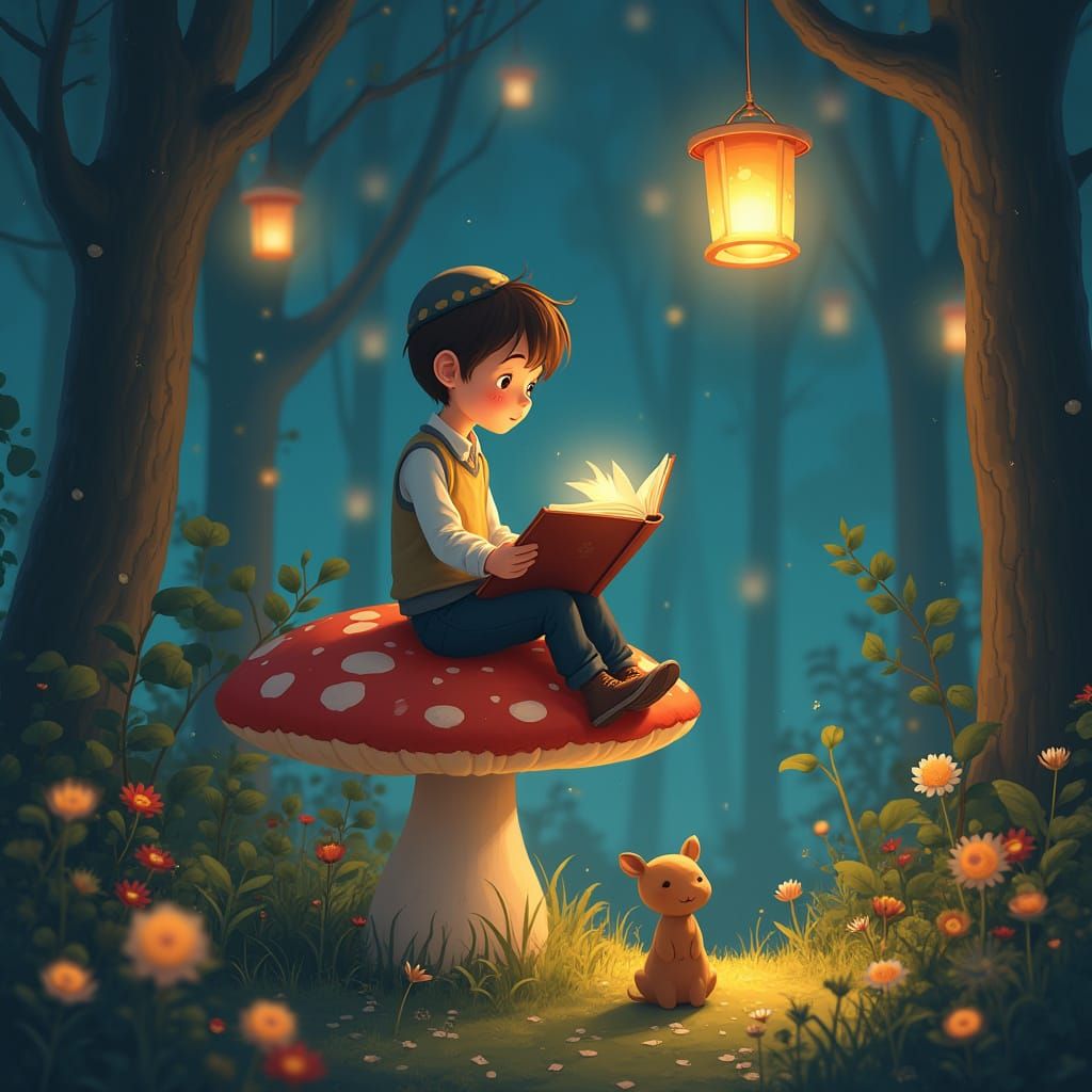 Boy Reading in Magical Forest, Anime Style