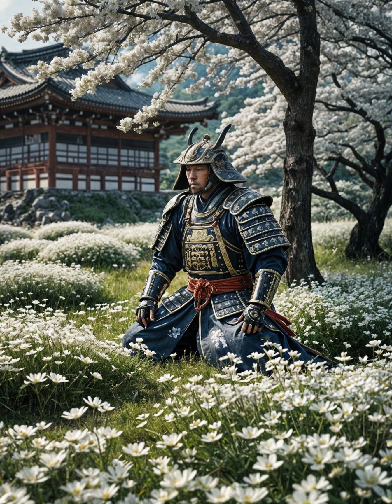 Samurai Kneeling in Field of Flowers: Ukiyo-e Style