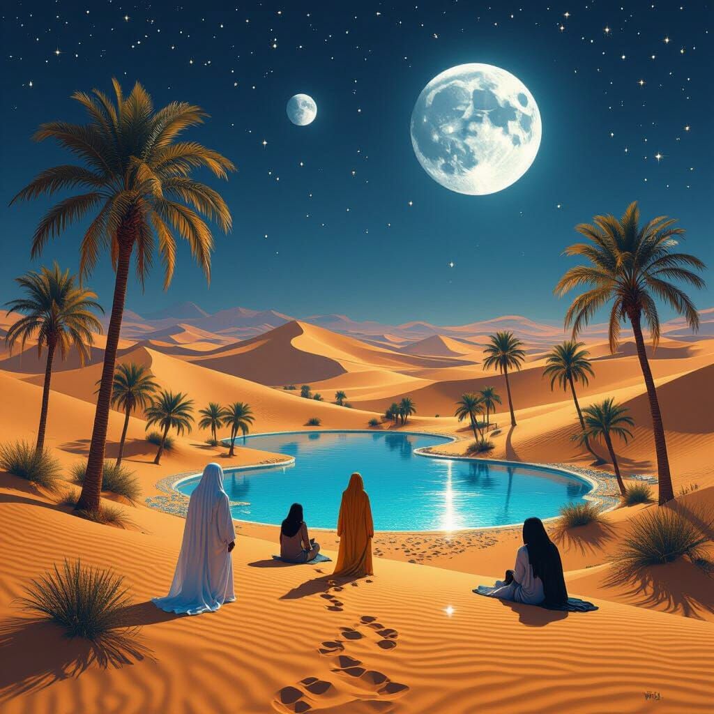 Surreal Desert Oasis at Night with Two Moons