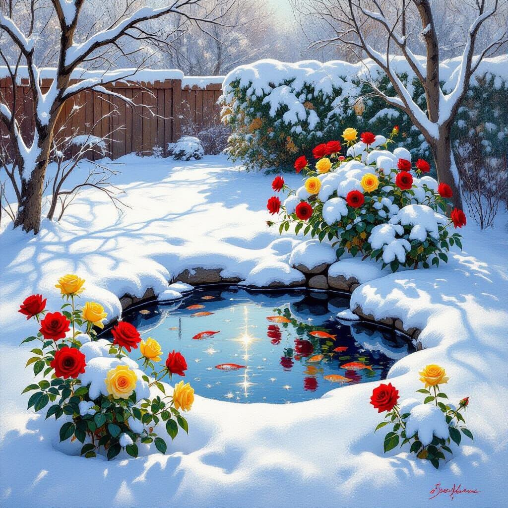 Winter Roses Emerge From Snowy Backyard Pond