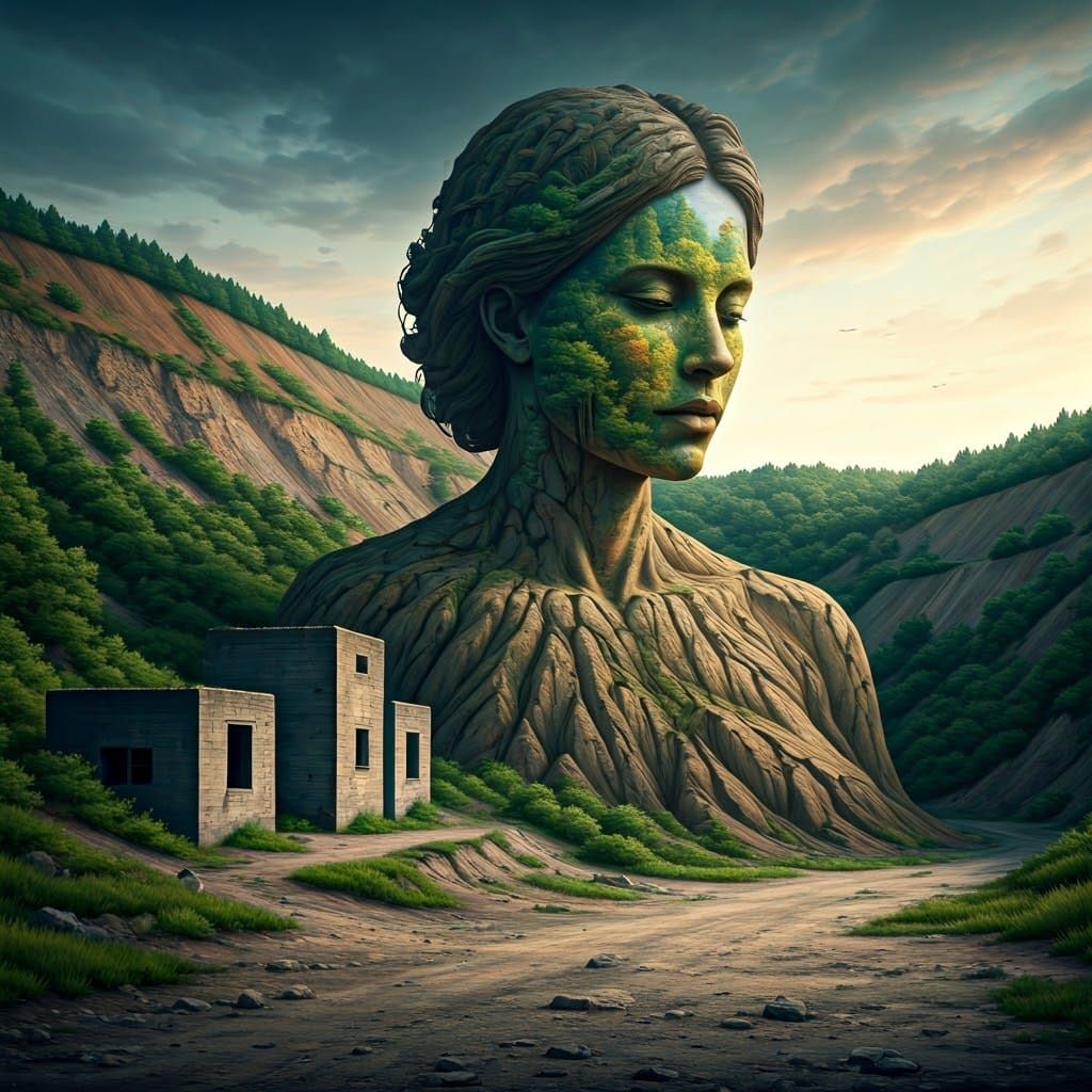 Surreal Coal Mine Painting: Woman in Crumbling Earth
