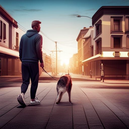 Dog-Human Hybrid Walks Man in Surreal Concept Art