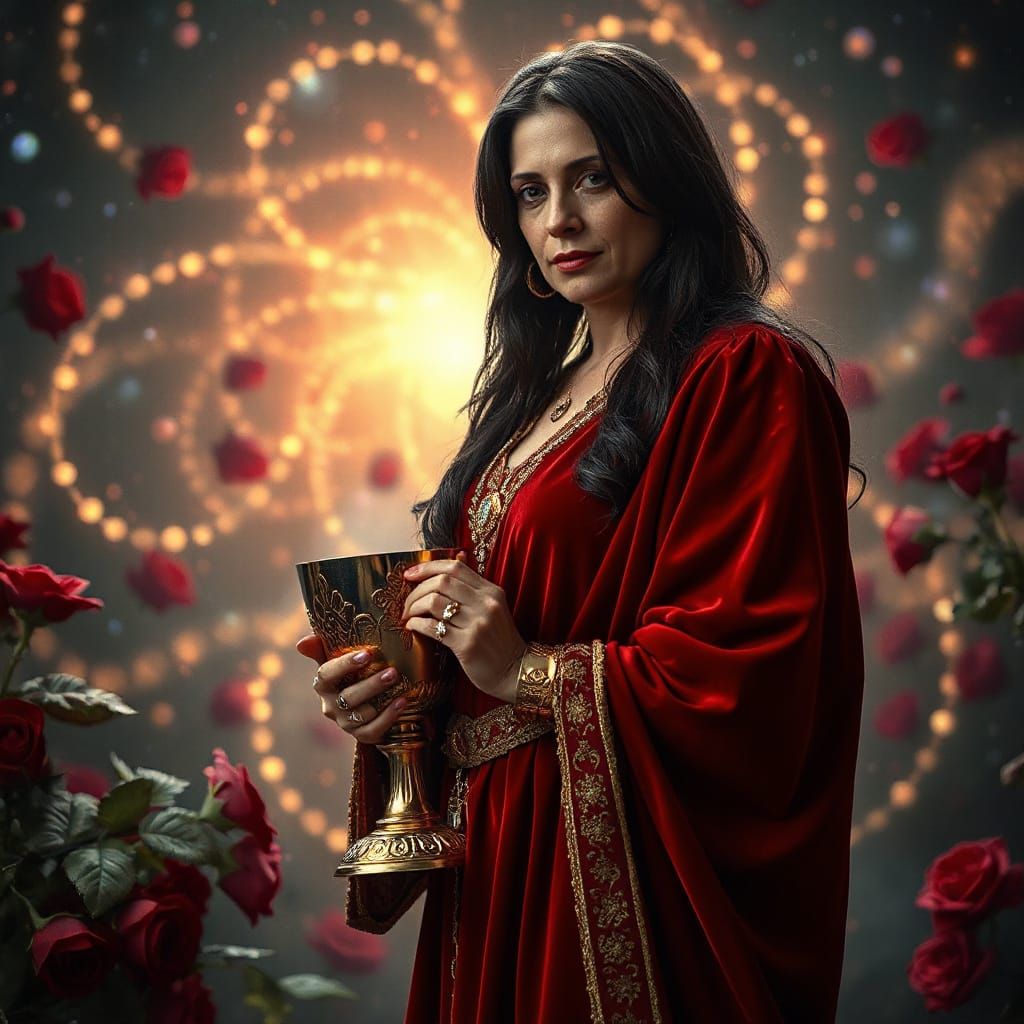Celestial Goddess with Holy Grail in Galaxy of Roses